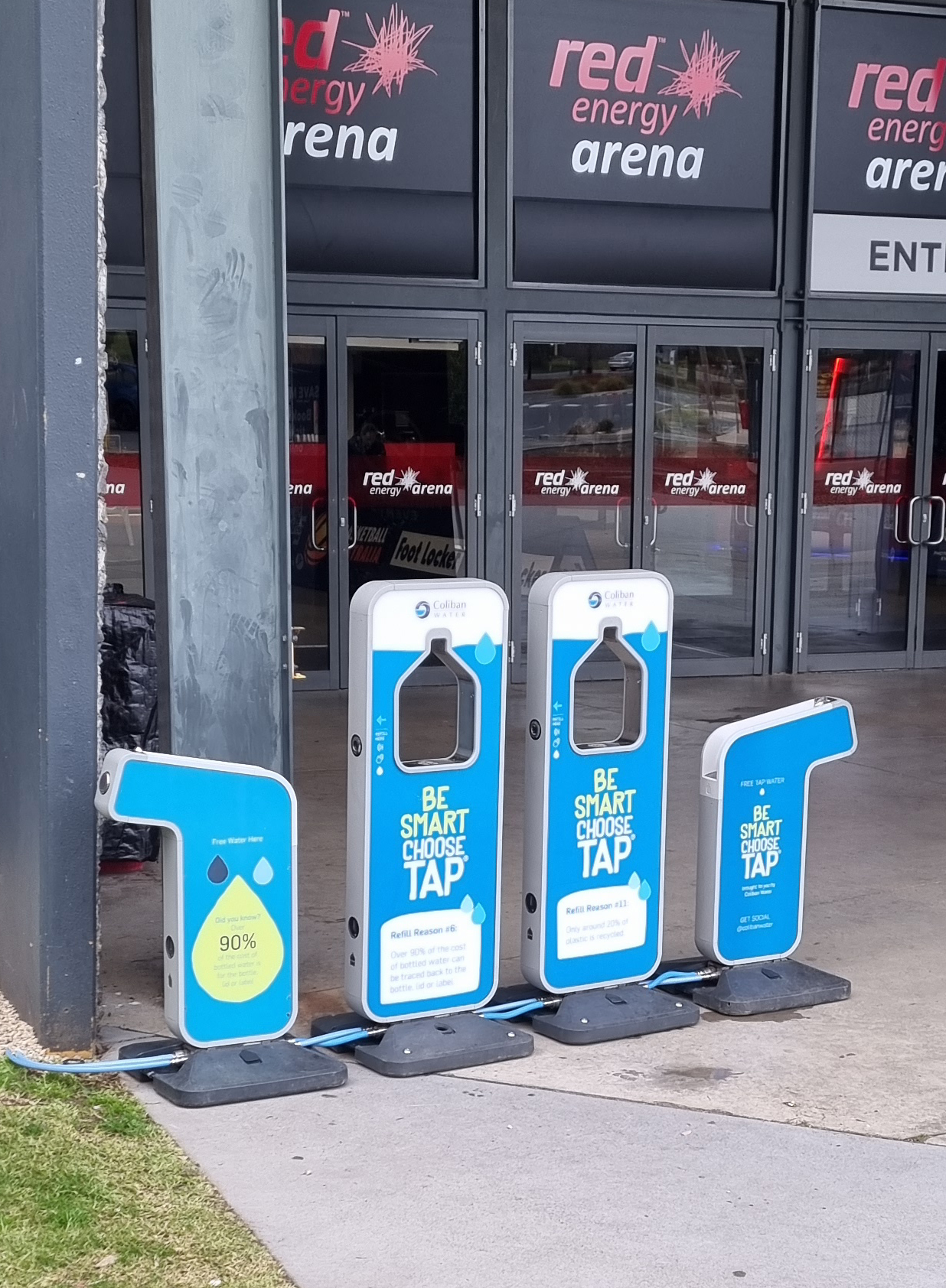 Coliban Water Refill and Bubbler stations set up outside Red Energy Arena, Bendigo